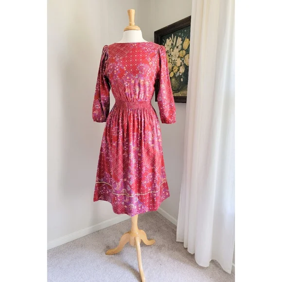 70s Red Floral Cinched Waist 1970s Vintage Midi Dress by ' Belle France ' - Picture 2 of 8